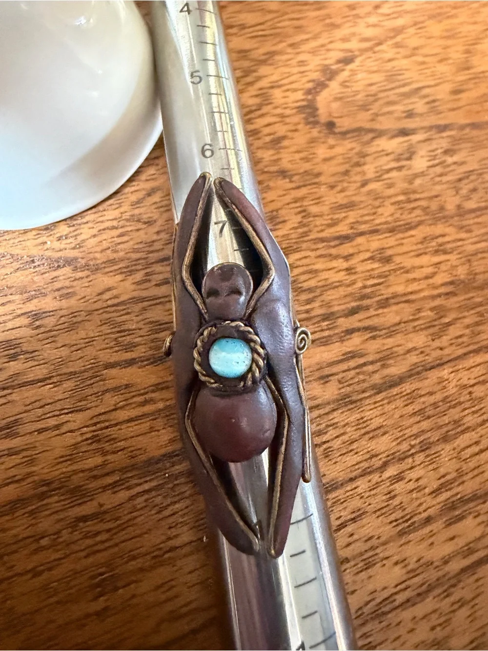 Handcrafted Bronze-Tone Scarab Ring with Blue Cabochon - Women Jewelry